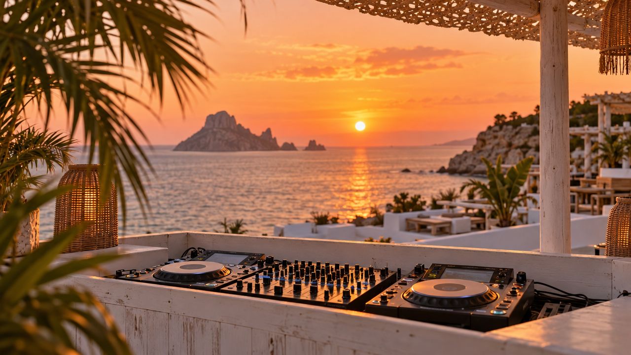 DJ booth on a beach club terrace at sunset